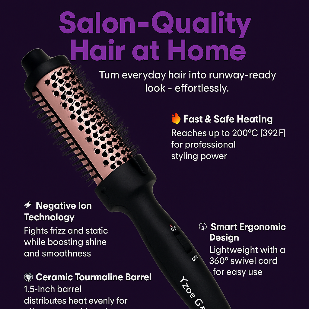 Yzoe Gzroe Curling Brush 1.5” – Ionic Heated Round Brush for Smooth, Frizz-Free Curls